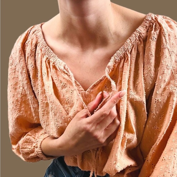 XL JOIE Eyelet Boho Fairy scoop neck w/ long ties style cottage blouse in Peach - Picture 1 of 11
